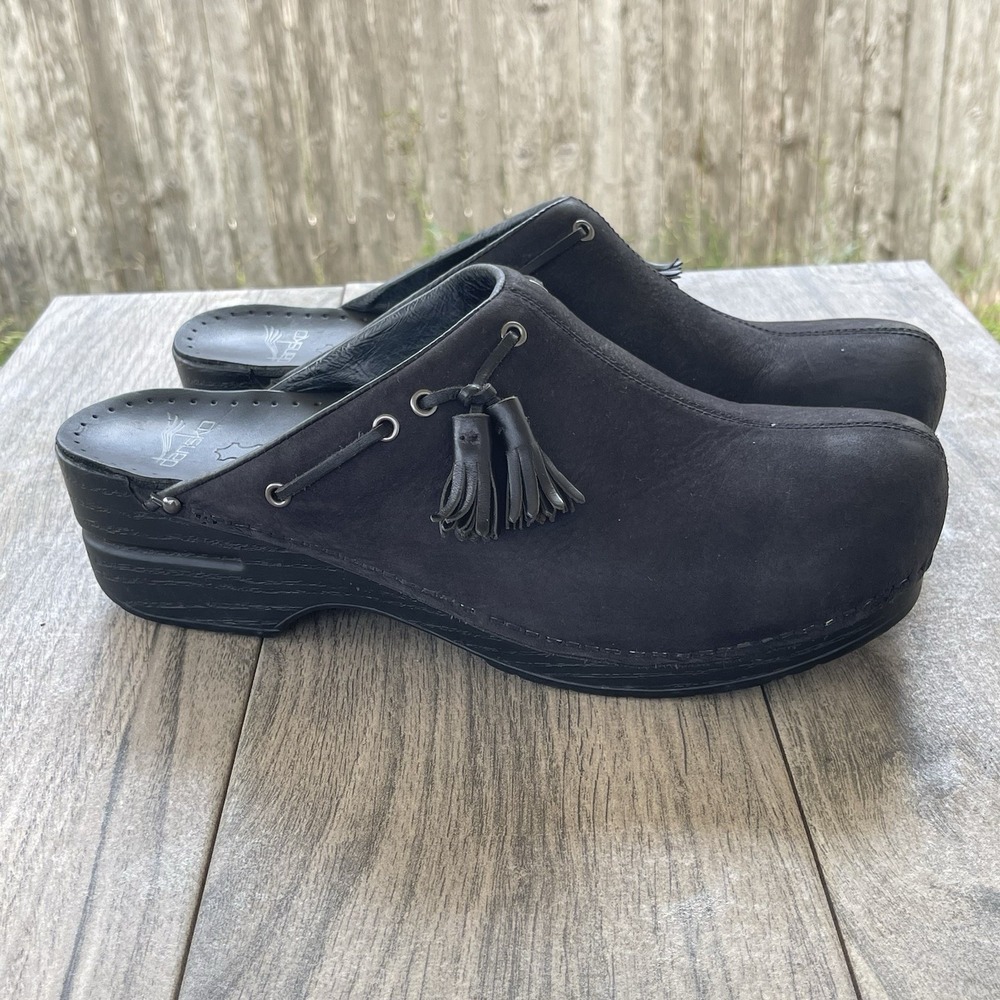 Dansko Shannon Clogs Women 42  US 11.5 Black Nubuck Leather Tassel Mule Nurse